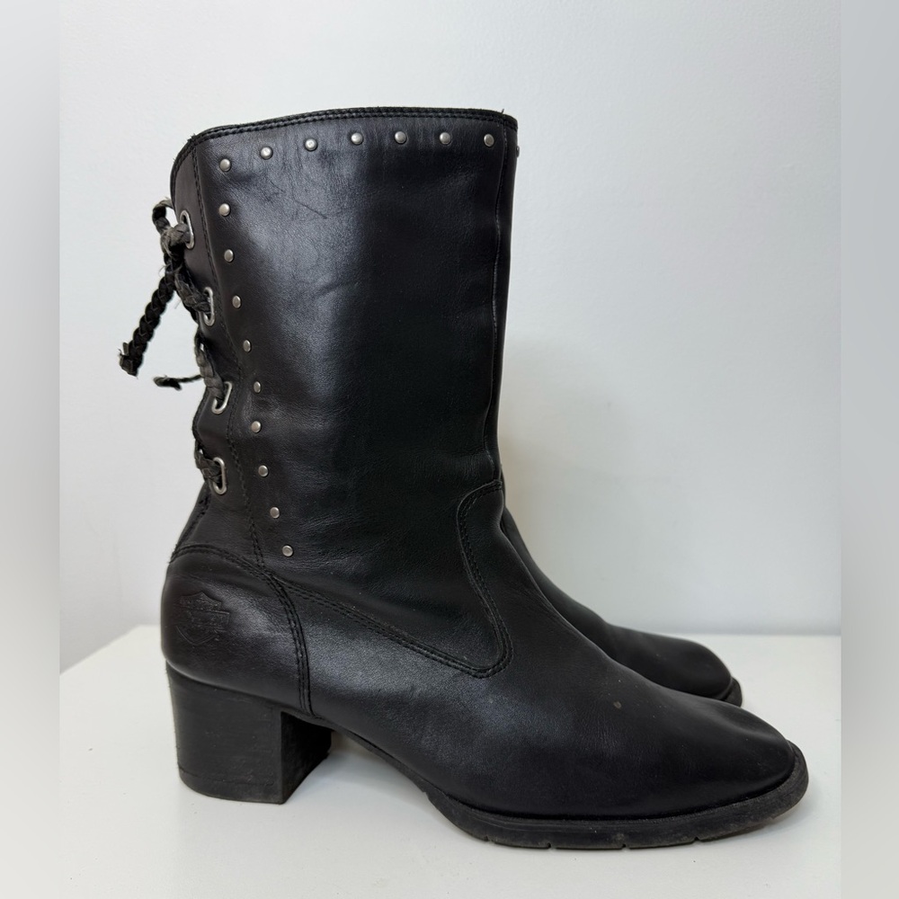 Harley Davidson Black Leather Studded Lace Up Moto Heeled Boot Women's Size 8